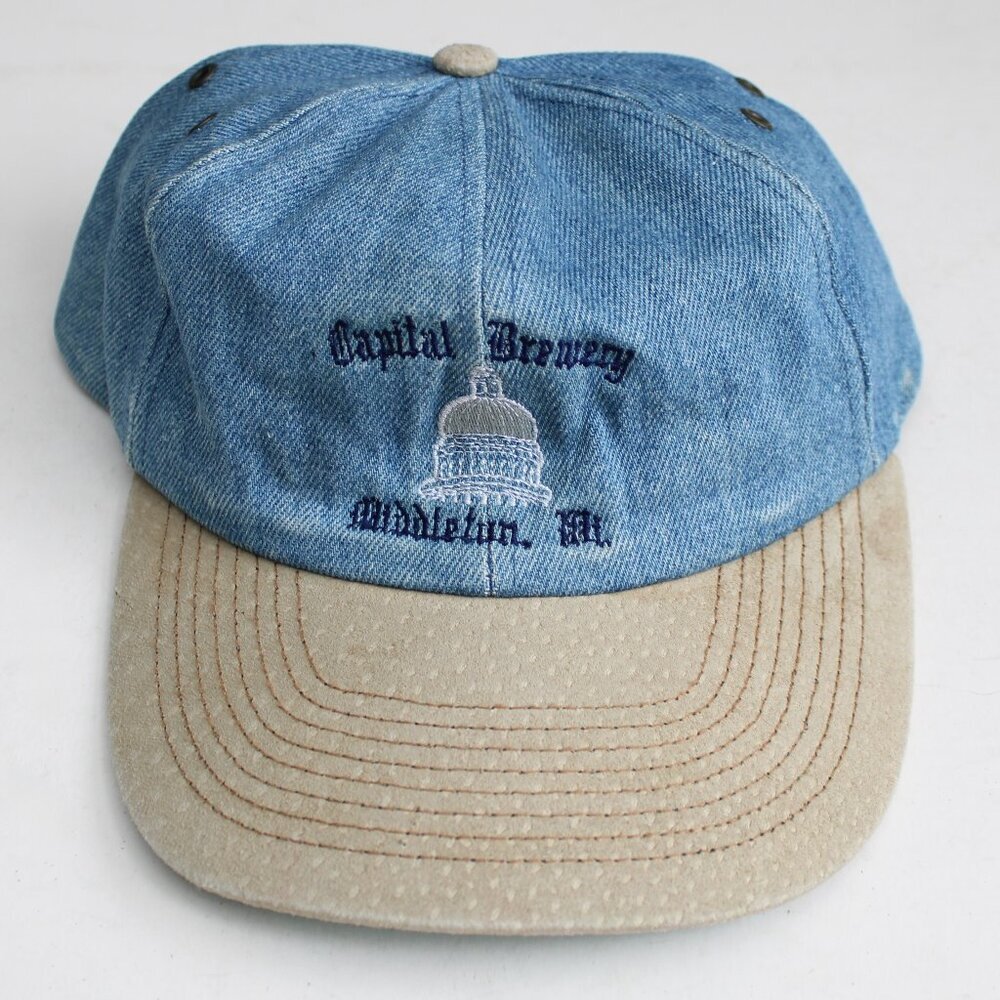 Capital Brewery Cobra Caps Vintage 90s Blue Denim Tan Suede Baseball Dad Hat